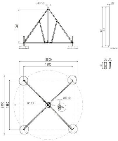 Technische Zeichnung eines Gestells mit schematischen Ansichten und Maßen. Hauptansicht zeigt quadratische Basis und Höhe 1288 mm.