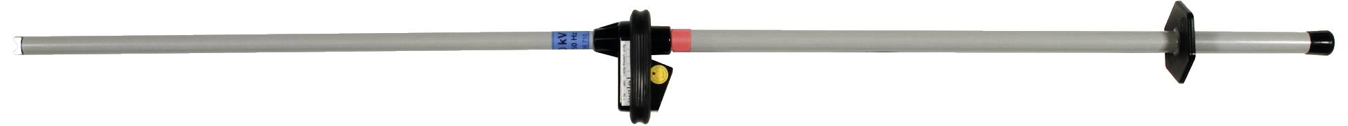 Ein grauer, einstellbarer Teleskopstock mit blau-rotem Griff und schwarzem Halterungsmechanismus.