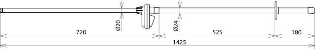Technische Zeichnung einer Stabkomponente mit Gesamtlänge 1425 mm. Abschnitte: 720 mm, 525 mm und 180 mm. Durchmesser: 20 mm und 24 mm.
