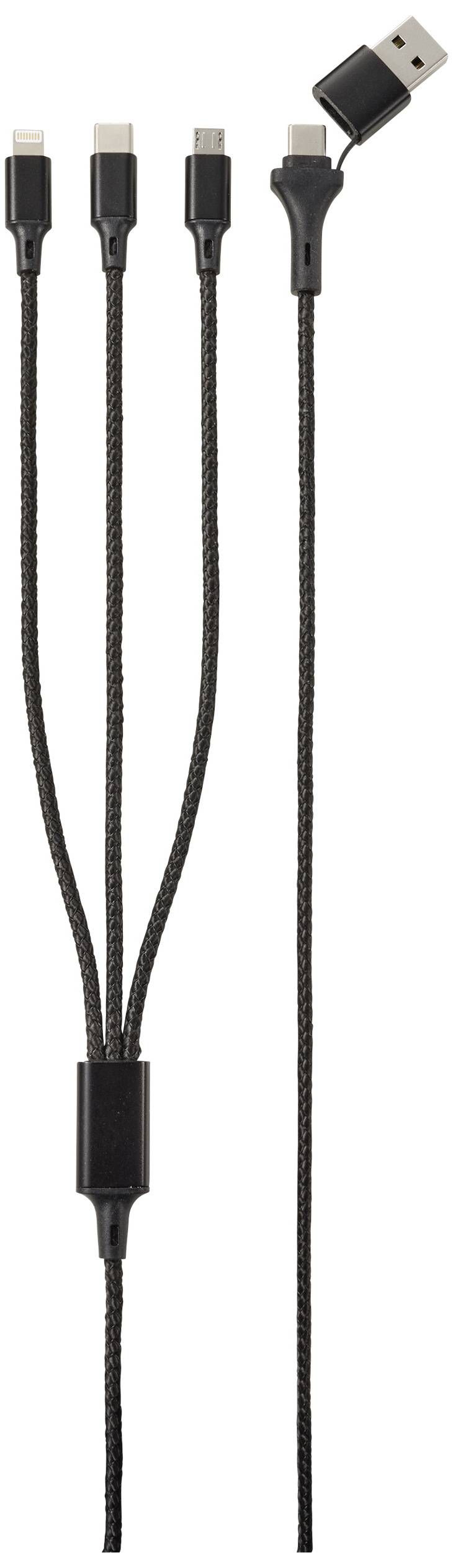 Mehrfach-Ladekabel mit USB-Anschluss und drei verschiedenen Steckertypen: Lightning, Micro-USB und USB-C.