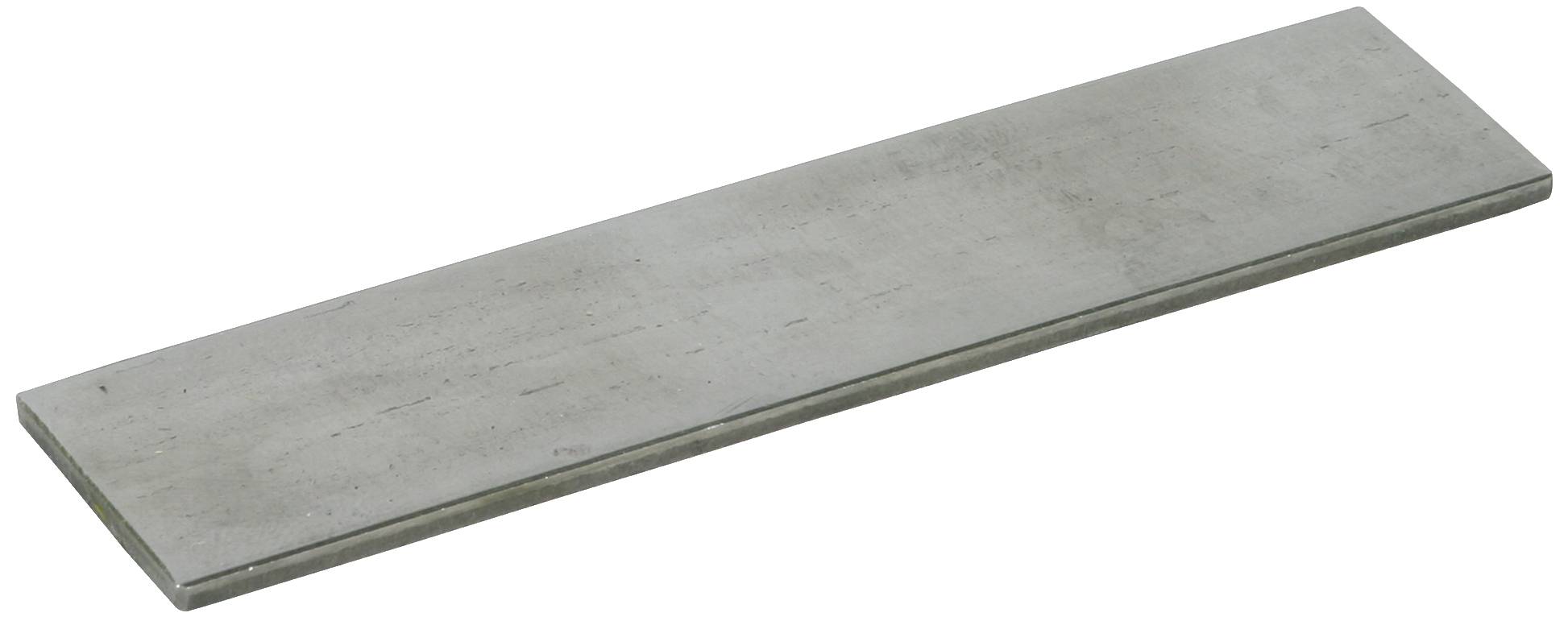 Flaches Metallstück mit rechteckiger Form, glatte Oberfläche und graue Farbe.