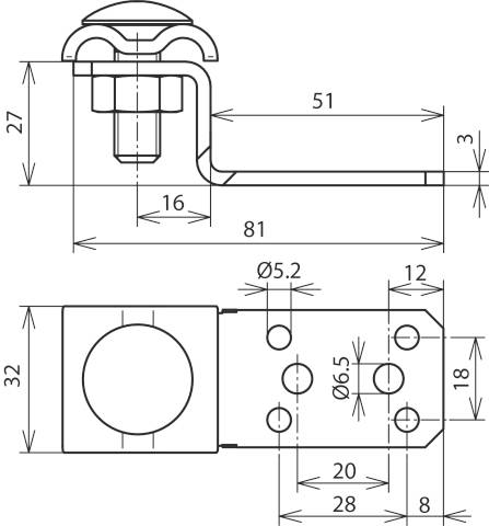 Technische Zeichnung einer Metallstrebe mit Abmessungen: Länge 81 mm, Breite 32 mm, Dicke 3 mm. Bohrungsdurchmesser: 5,2 mm und 6,5 mm.