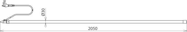 Technische Zeichnung eines Linienlasers mit einem Rohrdurchmesser von 30 mm und einer Länge von 2050 mm.