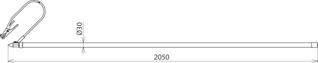 Technische Zeichnung einer dünnen Stange mit einem Haken am Ende; Länge 2050 mm, Durchmesser 30 mm.