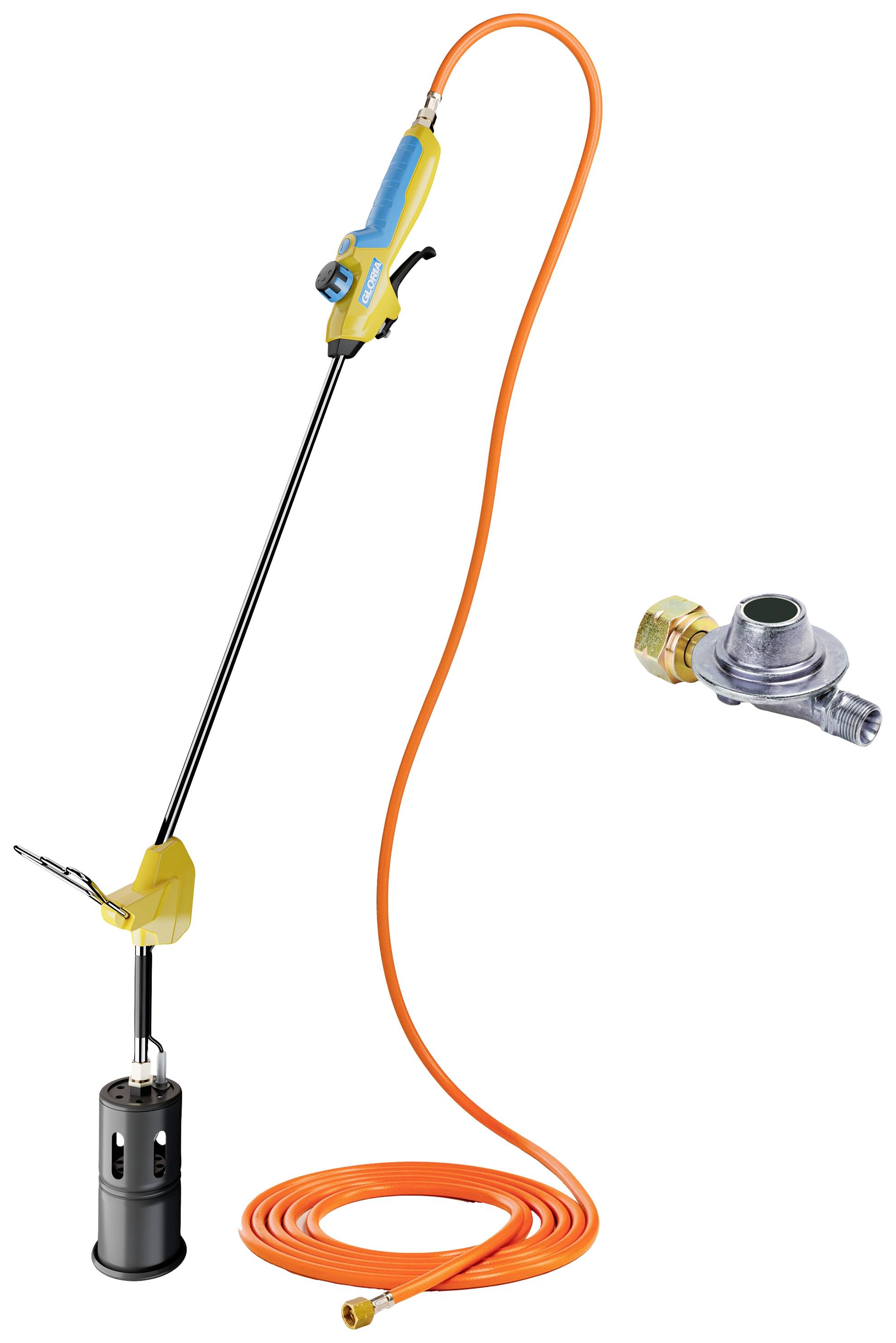 Gasbrenner-Set mit langem Griff und orangener Schlauch, geeignet für Unkrautvernichtung, inklusive Gasschlauchanschluss.