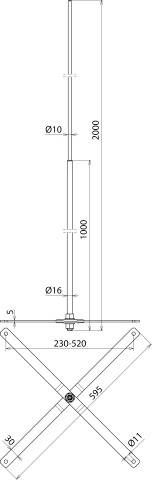 Technische Zeichnung eines Teleskopstabs, Längenmaße: 2000 mm, 1000 mm, Durchmesser: 10 mm, 16 mm; Basisbreite: 230-520 mm.
