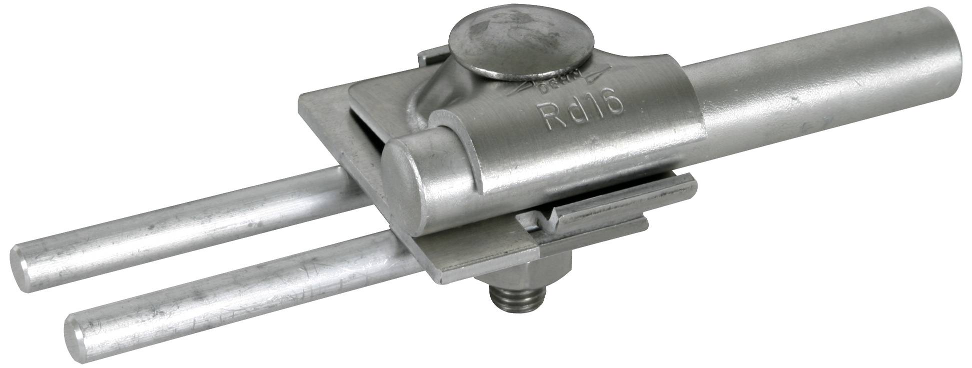Metallklemmschelle mit zwei parallel verlaufenden Rohren und einer Schraube zur Befestigung.
