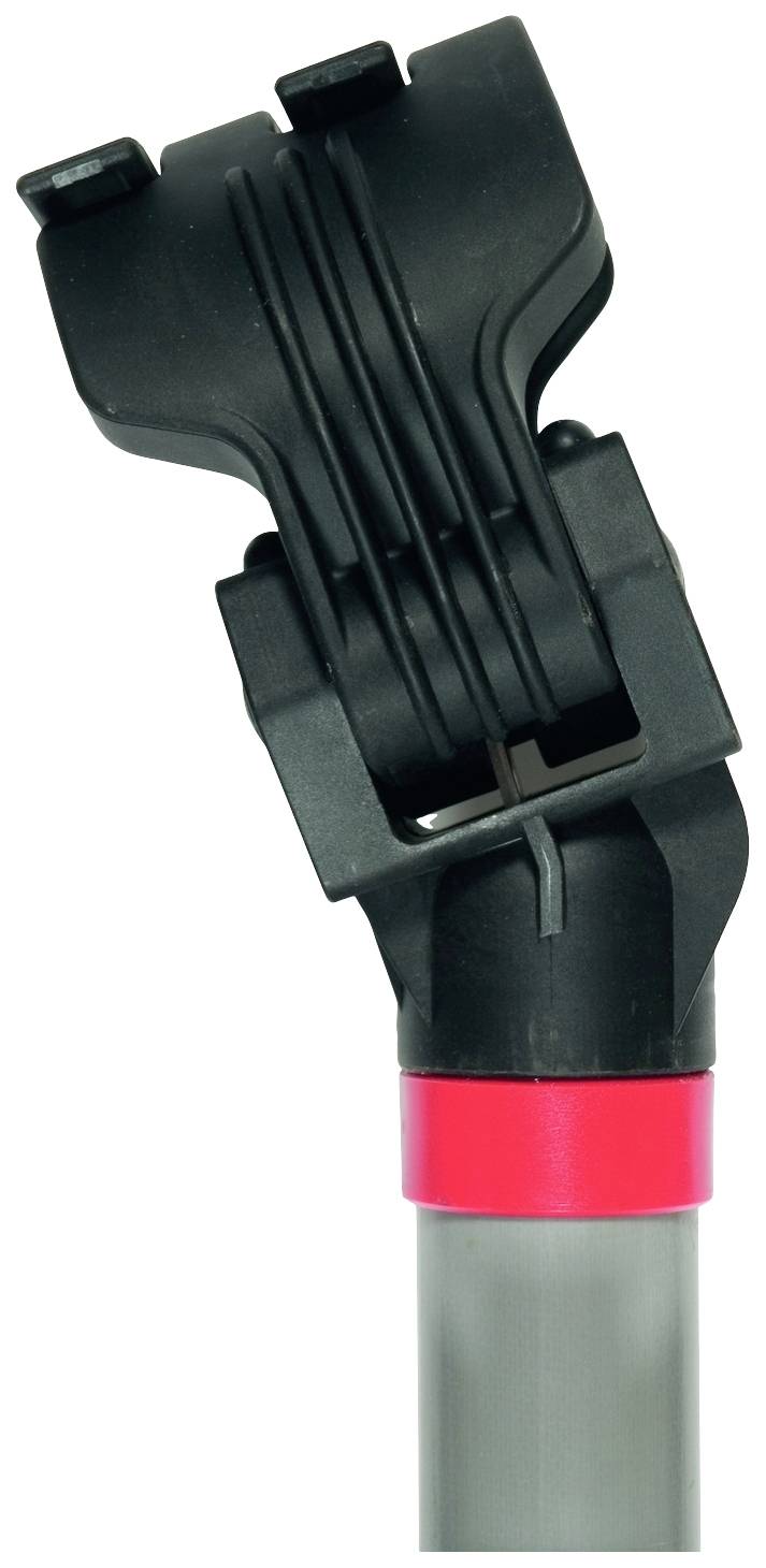 Ein schwarzes Kunststoffteil mit Kerben und einem roten Ring an einem grauen Rohr. Es sieht aus wie ein verstellbares Werkzeugteil.