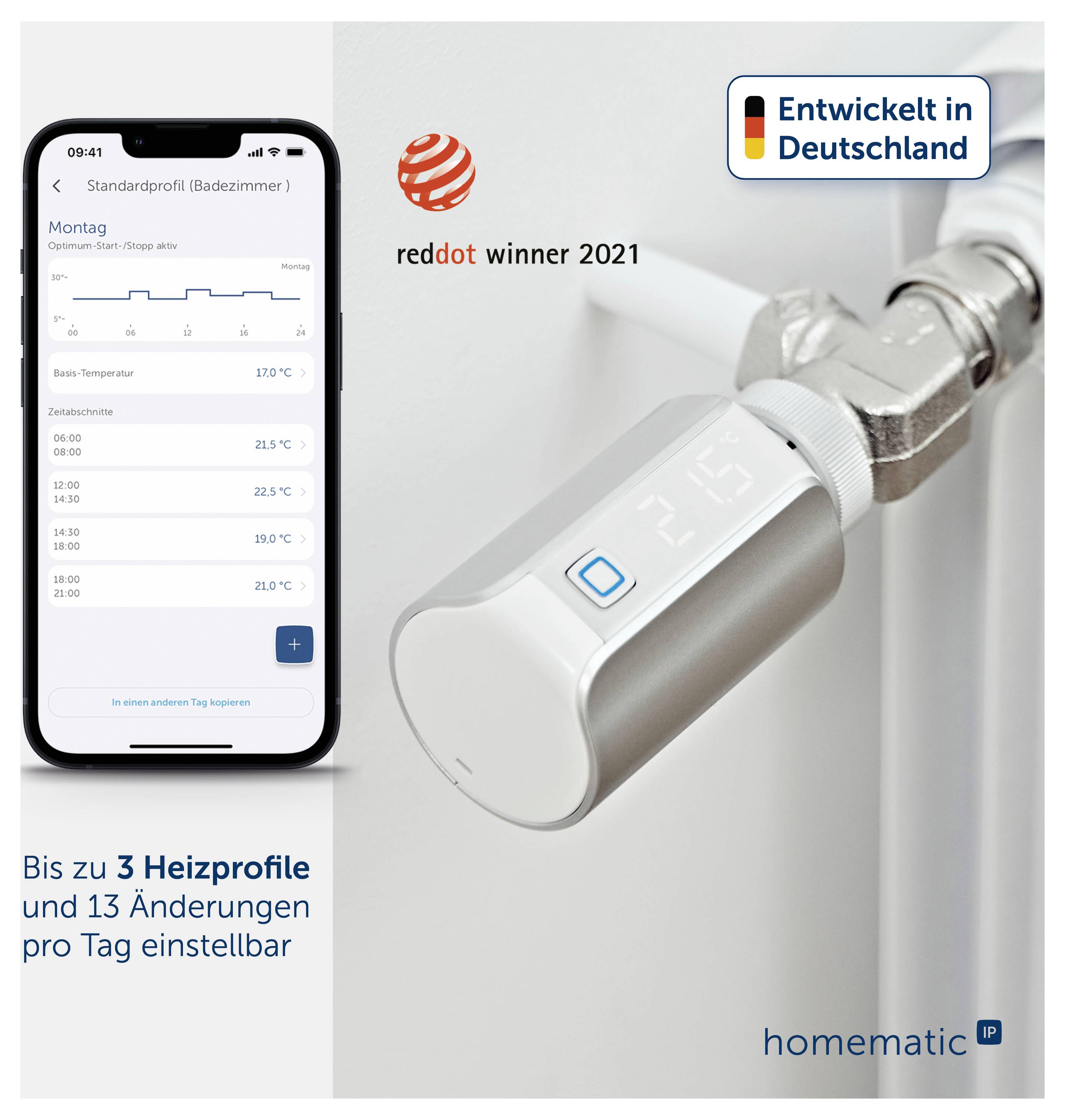 Werbebild für den smarten Heizkörperthermostat Homematic IP mit App-Steuerung; zeigt Thermostat am Heizkörper und Smartphone-App mit Heizprofilen, Hinweis 'Entwickelt in Deutschland' und 'reddot winner 2021'.