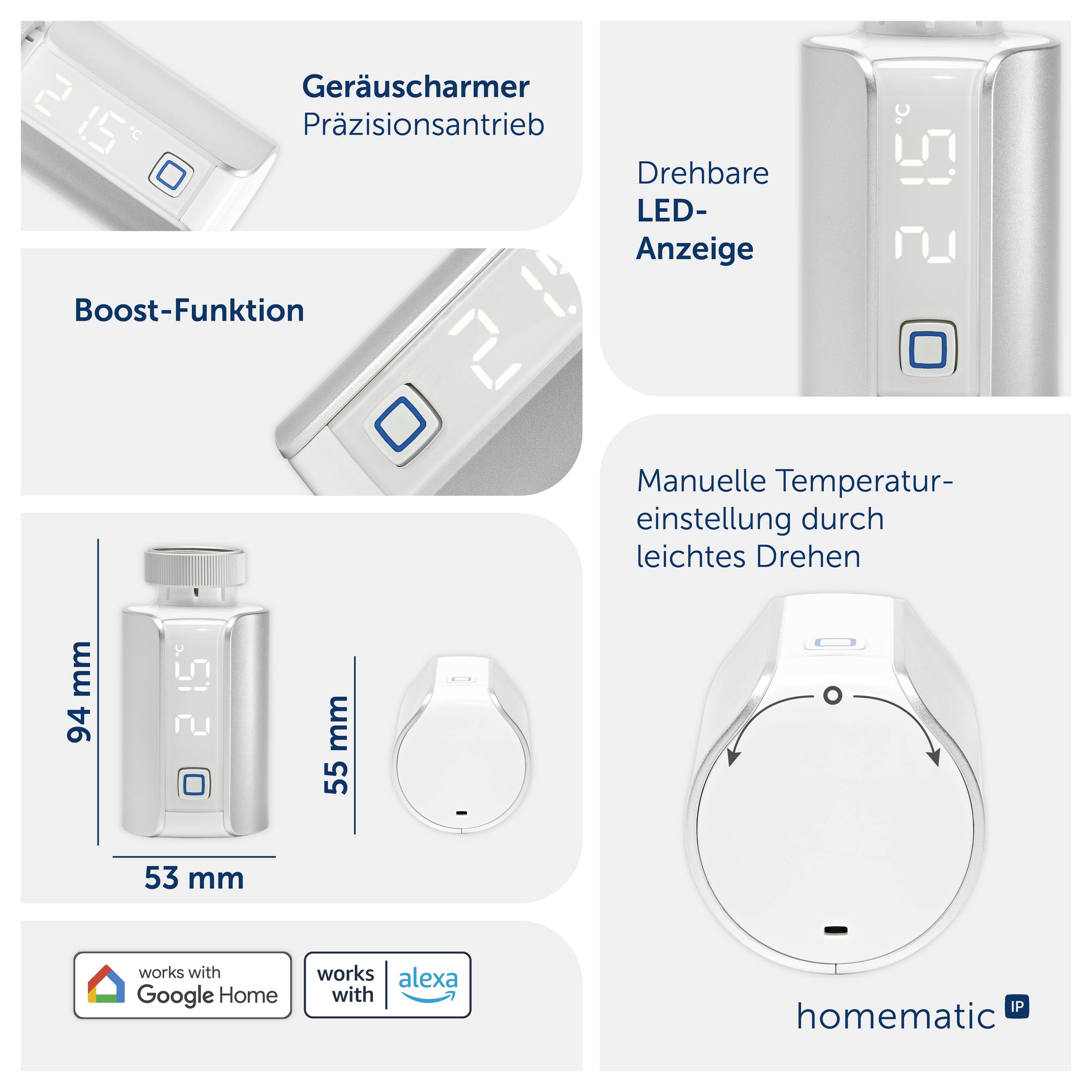 Werbegrafik eines kompakten Thermostats mit Funktionen: geräuscharmer Präzisionsantrieb, Boost-Funktion, drehbare LED-Anzeige, manuelle Temperatureinstellung; Maße 94 x 53 x 55 mm, kompatibel mit Google Home und Alexa.