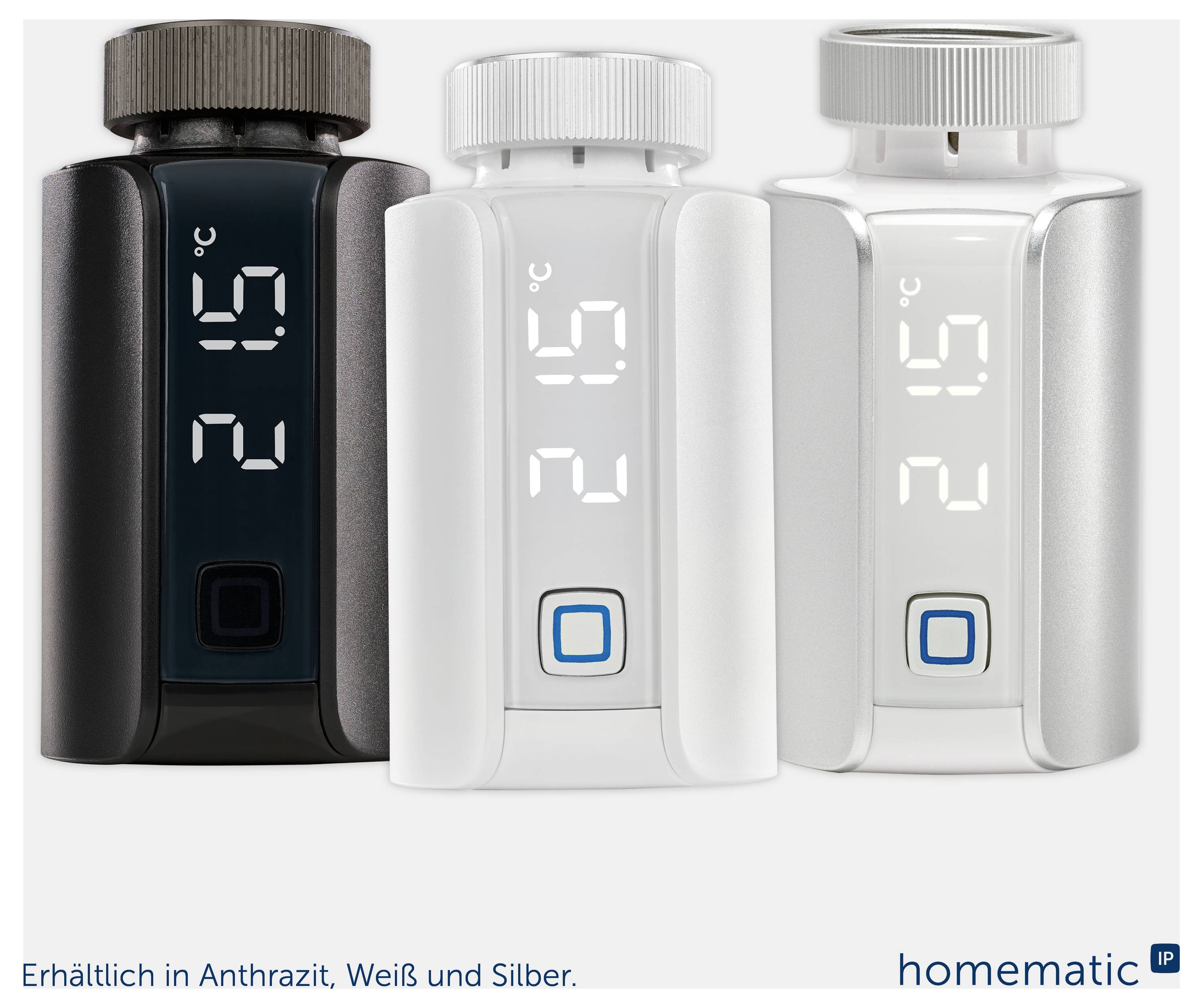 Drei smarte Thermostatköpfe in Anthrazit, Weiß und Silber mit Digitalanzeige '21,5 °C'; unten Hinweis 'Erhältlich in Anthrazit, Weiß und Silber.'