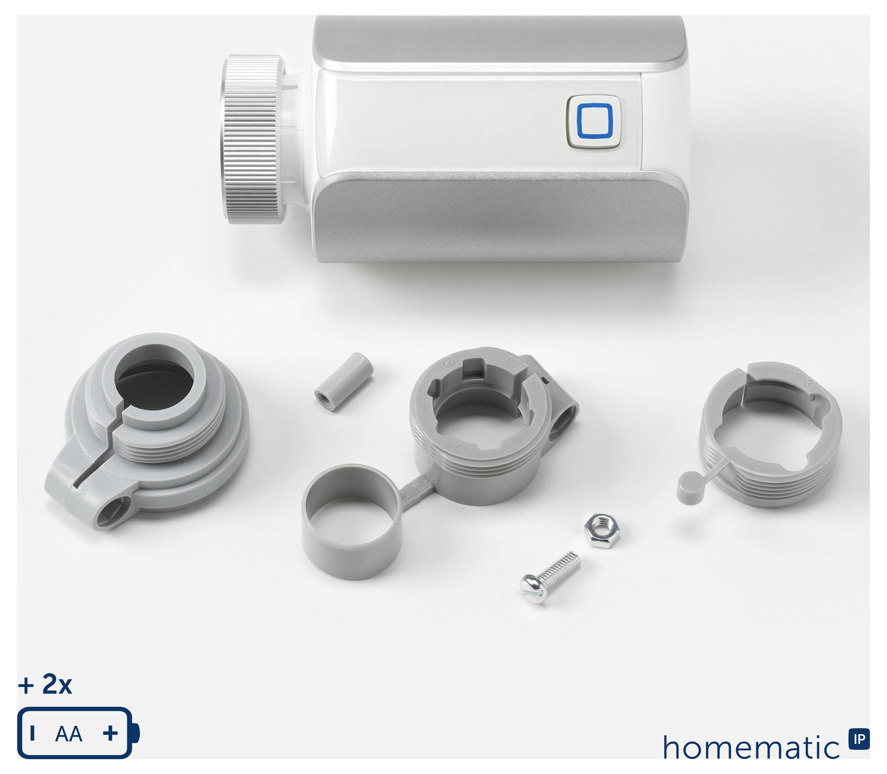 Smart-Home-Gerät und mitgelieferte Montageteile auf weißem Hintergrund angeordnet, mit 