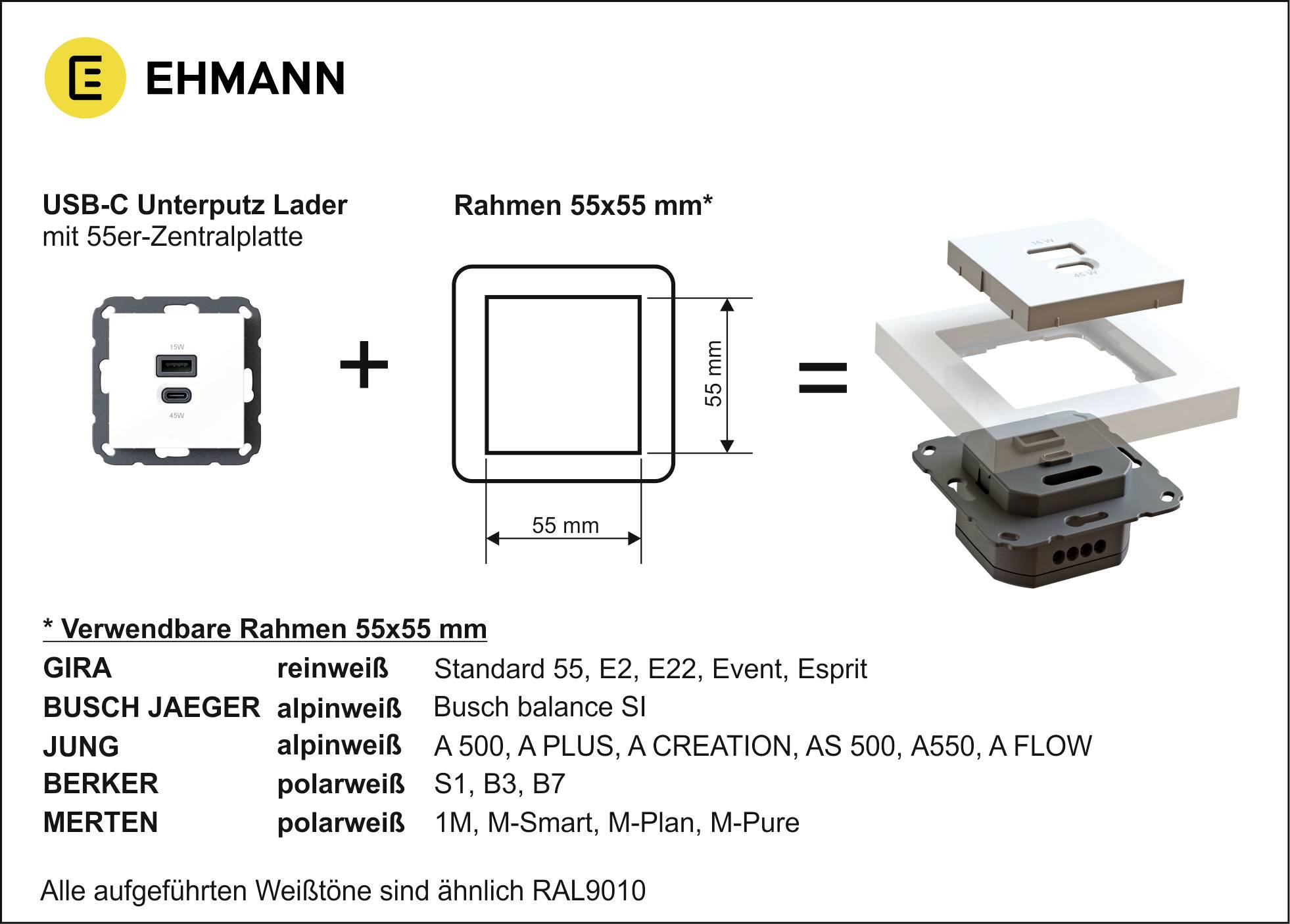 Ehmann 6460x0100 USB-Ladesteckdose Weiß