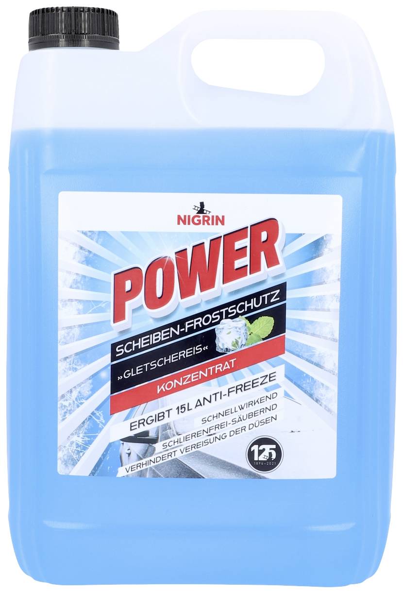 Ein blauer Kanister mit Nigrin Power Scheiben-Frostschutz. Aufschrift hebt 'Gletscher-Eis', 'Konzentrate', und 'Ergibt 15L Anti-Freeze' hervor.