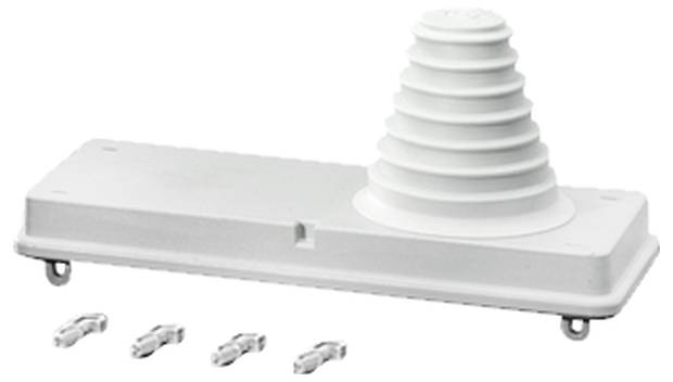 Ein weißer Montagesockel mit einer gestuften Abdeckung und vier Befestigungselementen darum angeordnet.