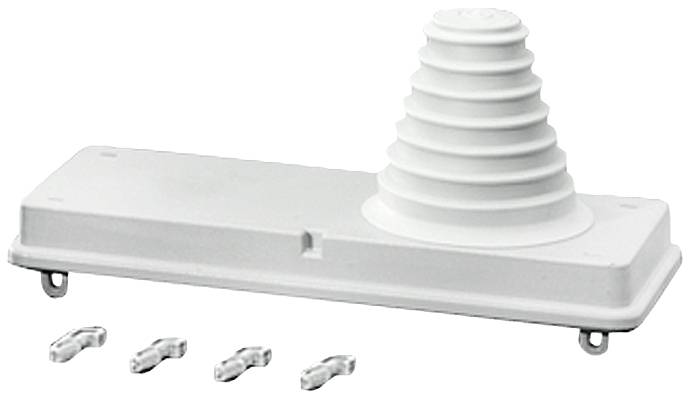 Weiße rechteckige Plattform mit mehrstufigem Kegel in der Mitte. Vier kleine Clips sind daneben angeordnet.