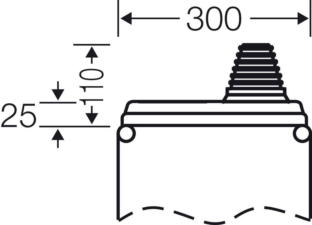 Schema einer technischen Zeichnung. Eine vertikale Linie mit Maßen: 300 Einheit oben, 25 Einheit links, 10 Einheit dazwischen.