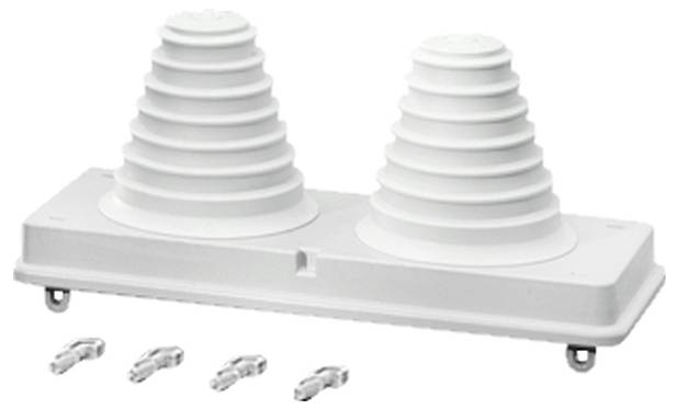 Doppelte Dachdurchführung in Weiß für Solaranlagen mit zwei gewellten Öffnungen und vier Befestigungsteilen.