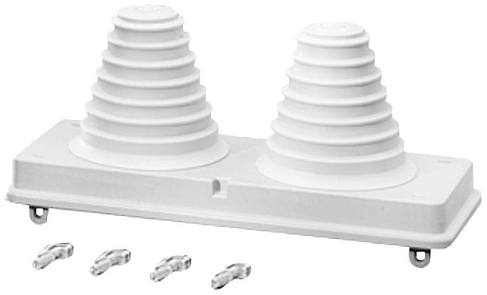 Zwei weiße Kunststoffkabeldurchführungen auf rechteckiger Basis mit vier kleinen, silbernen Clips vorne.