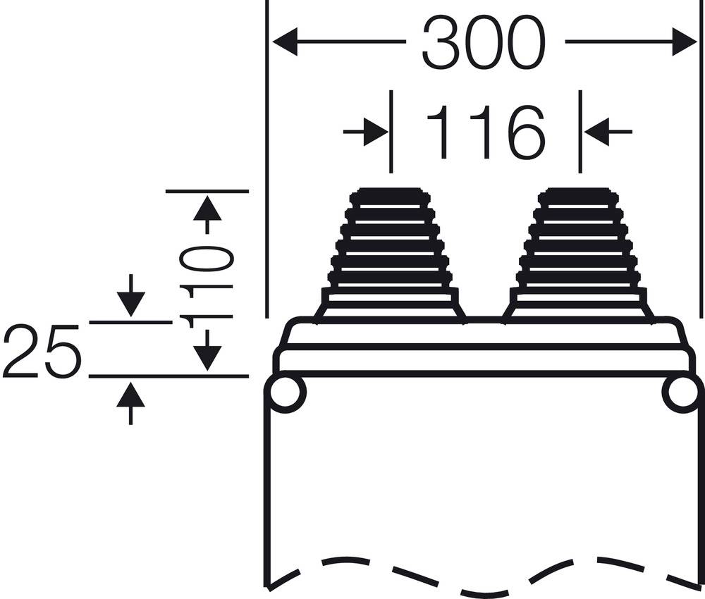 Technische Zeichnung eines Bauteils mit zwei Dichtungen. Maße: Gesamtbreite 300 mm, Abstand zwischen Dichtungen 116 mm, Gesamthöhe 135 mm.