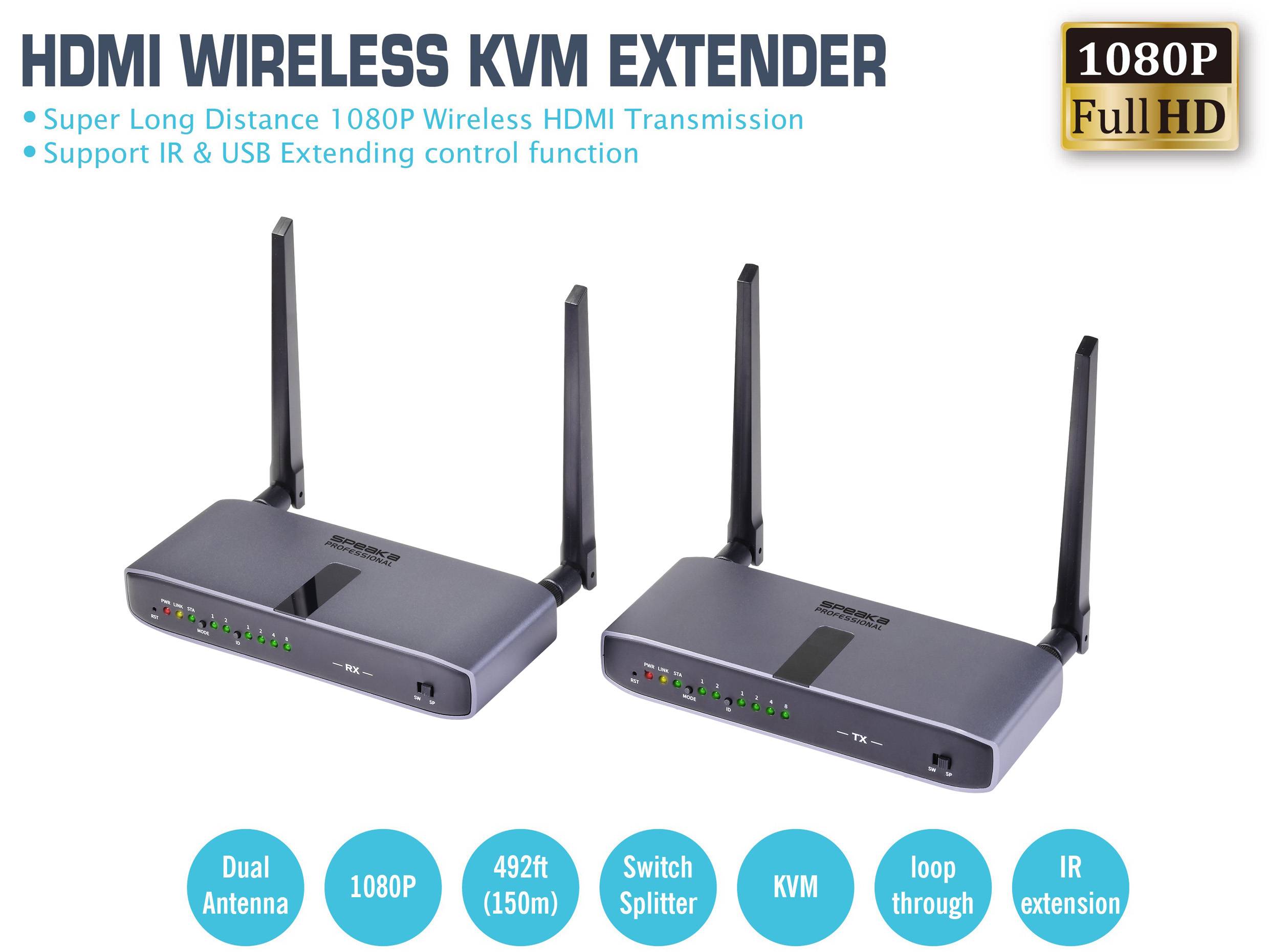 'HDMI Wireless KVM Extender': Zwei Geräte mit Antennen für drahtlose HDMI-Übertragung und Steuerung. Unterstützt IR & USB, 1080P Full HD.