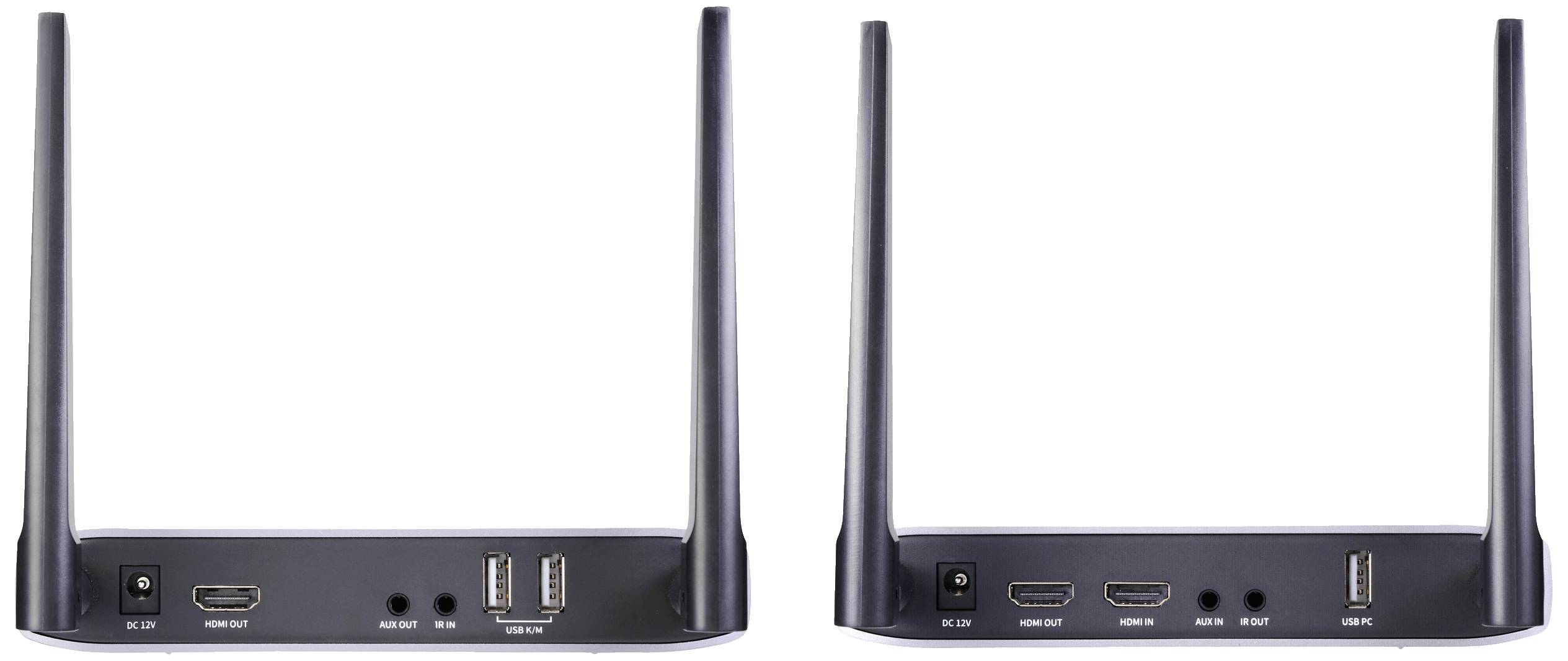 Zwei schwarze Router mit jeweils zwei Antennen, Rückansicht zeigt Anschlüsse: HDMI, USB, Netzteil.