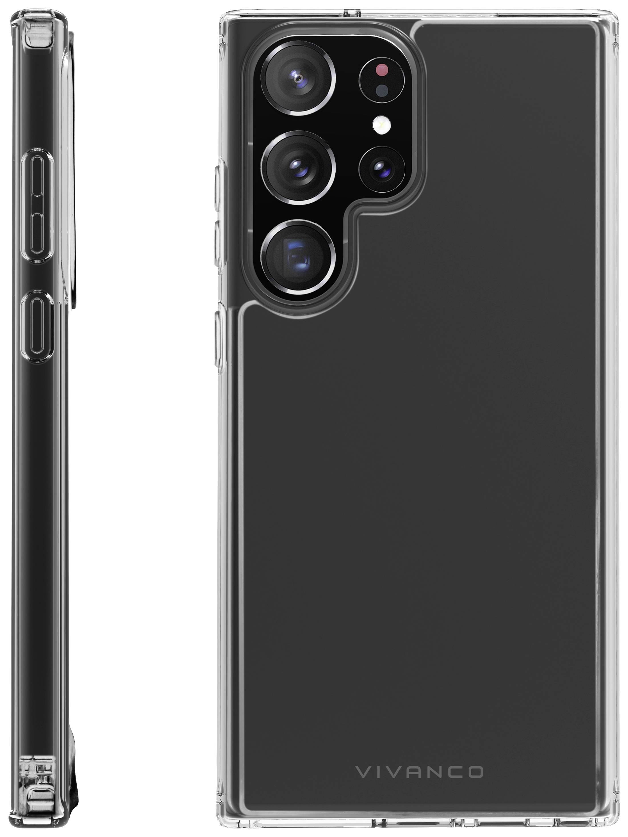 Smartphone mit klarer Schutzhülle, Rückseite sichtbar, drei Kameralinsen und ein Blitz. Seitenansicht zeigt dünnes Hüllendesign.