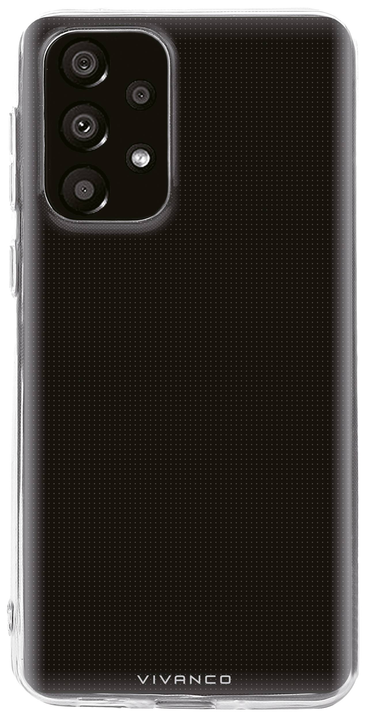 Smartphone in schwarzem Case, vertikale Rückansicht. Vier Kameralinsen und Blitz in der oberen linken Ecke.