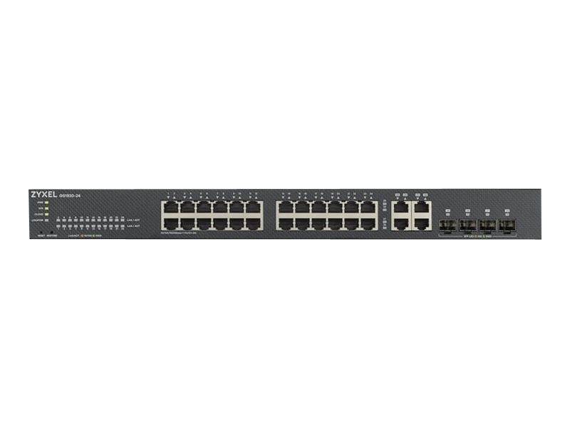 Ein 24-Port-Netzwerkswitch von Zyxel, Modell GS1920-24, mit zwei zusätzlichen Verbindungen auf der rechten Seite.