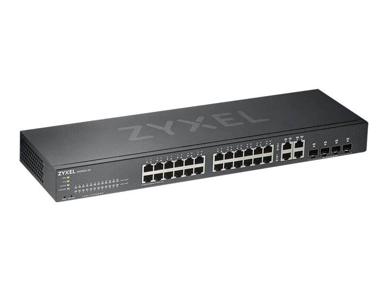 Ein schwarzer Netzwerk-Switch mit mehreren Ethernet-Ports, Markenaufdruck 'Zyxel'.