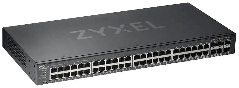 Netzwerkswitch mit 48 Ethernet-Ports von Zyxel, schwarz, rechteckig, für Büro- oder IT-Umgebungen.