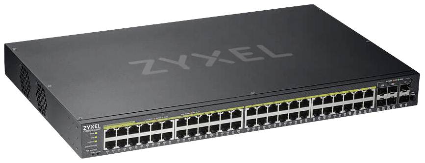 48-Port Gigabit-Netzwerk-Switch von Zyxel mit 4 zusätzlichen SFP-Ports für erweiterte Konnektivität in einem schwarzen Gehäuse.