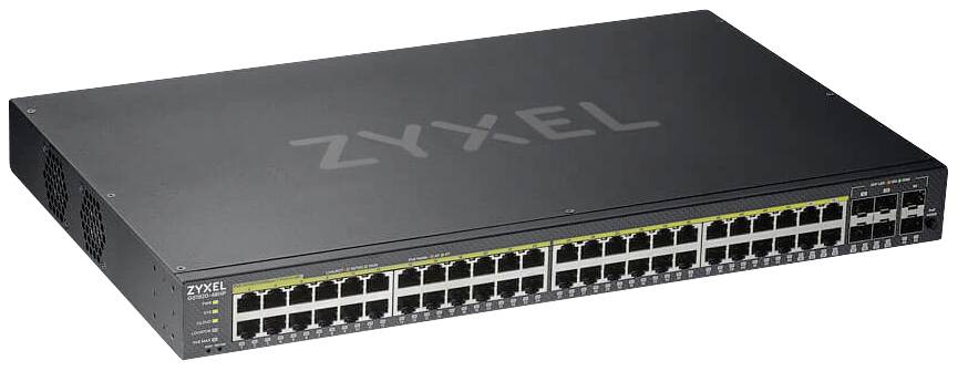 Ein Netzwerk-Switch von Zyxel mit zahlreichen Ethernet-Ports, geeignet für die Verwaltung und Verteilung von Netzwerkverkehr.