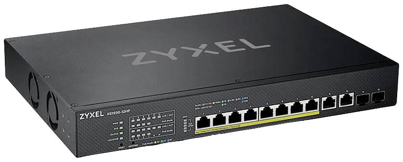 Ein schwarzer Netzwerk-Switch von Zyxel mit 24 Ethernet-Ports und mehreren LED-Anzeigen auf der Vorderseite.