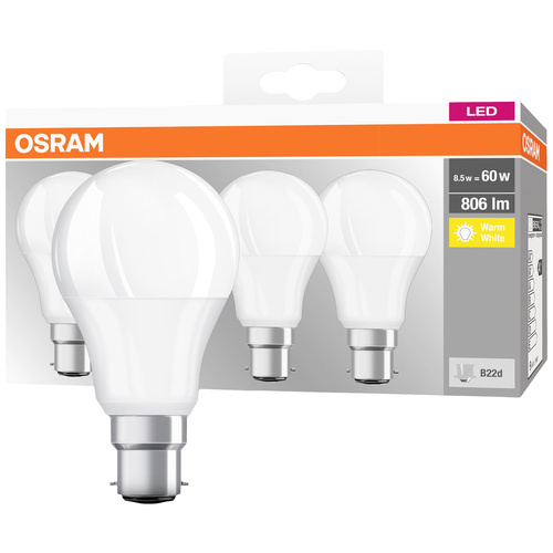 OSRAM 4058075819511 LED EEK F (A - G) B22d Glühlampenform 8.5W = 60W Warmweiß (Ø x L) 60mm x 107mm 4St.