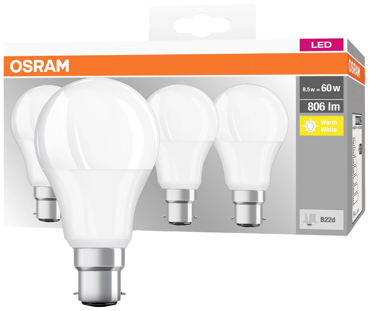 Verpackung einer OSRAM LED-Glühbirne, 8,5W entspricht 60W, 806 Lumen, warmweiß, mit B22d-Sockel. Enthält vier Glühbirnen.