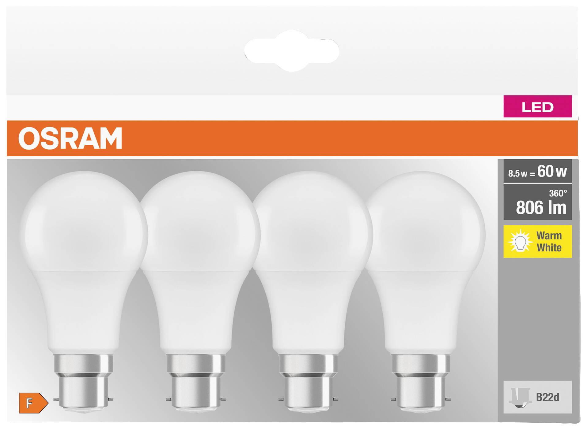Vier LED-Glühbirnen der Marke OSRAM in einer Verpackung, 8,5W entspricht 60W, 806 Lumen, warmweißes Licht, Sockel B22d.