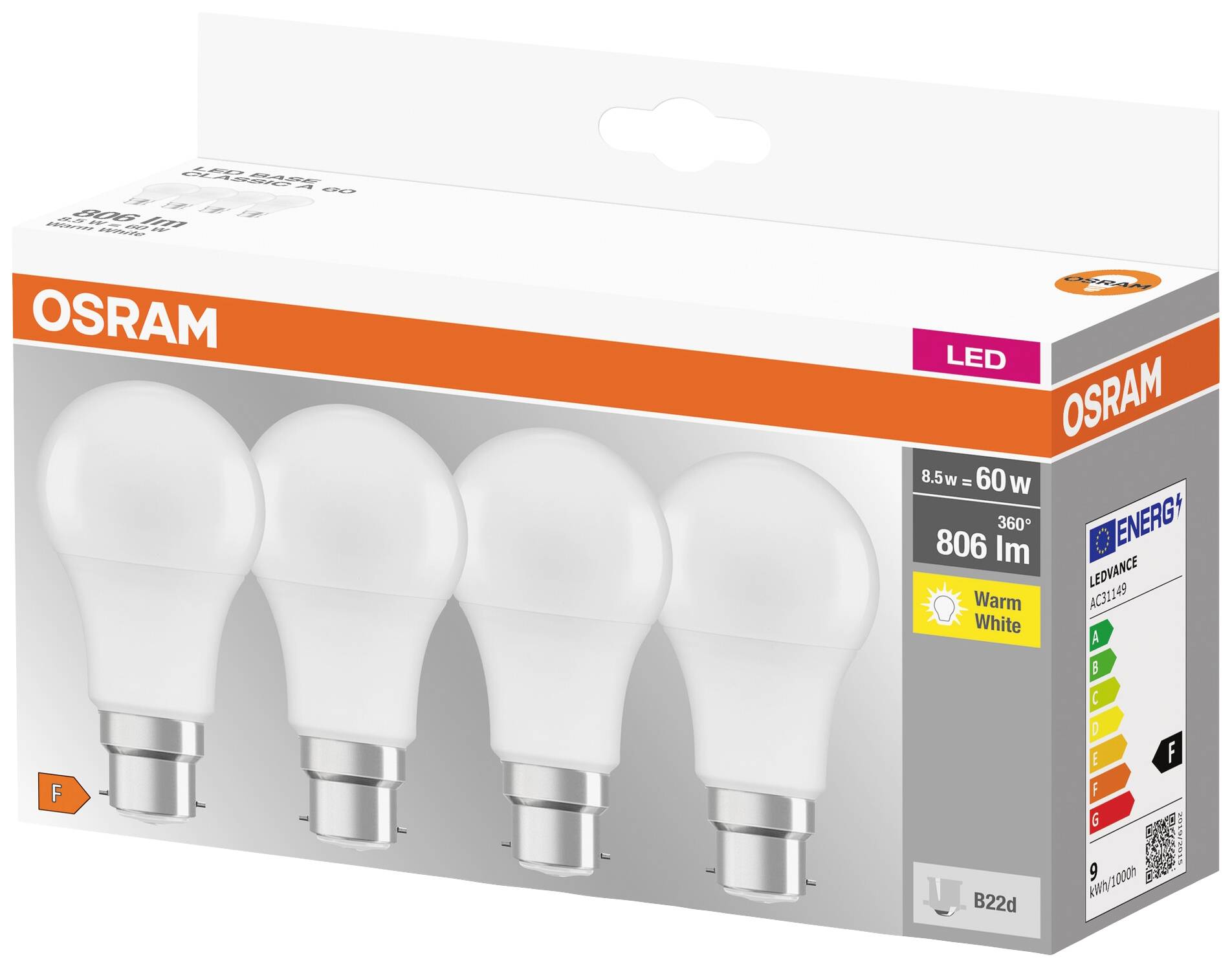 LED-Glühbirnenpackung von OSRAM, 4 Stück, 8,5W, 806 lm, warmweiß, Energieeffizienzklasse F, B22d-Fassung.