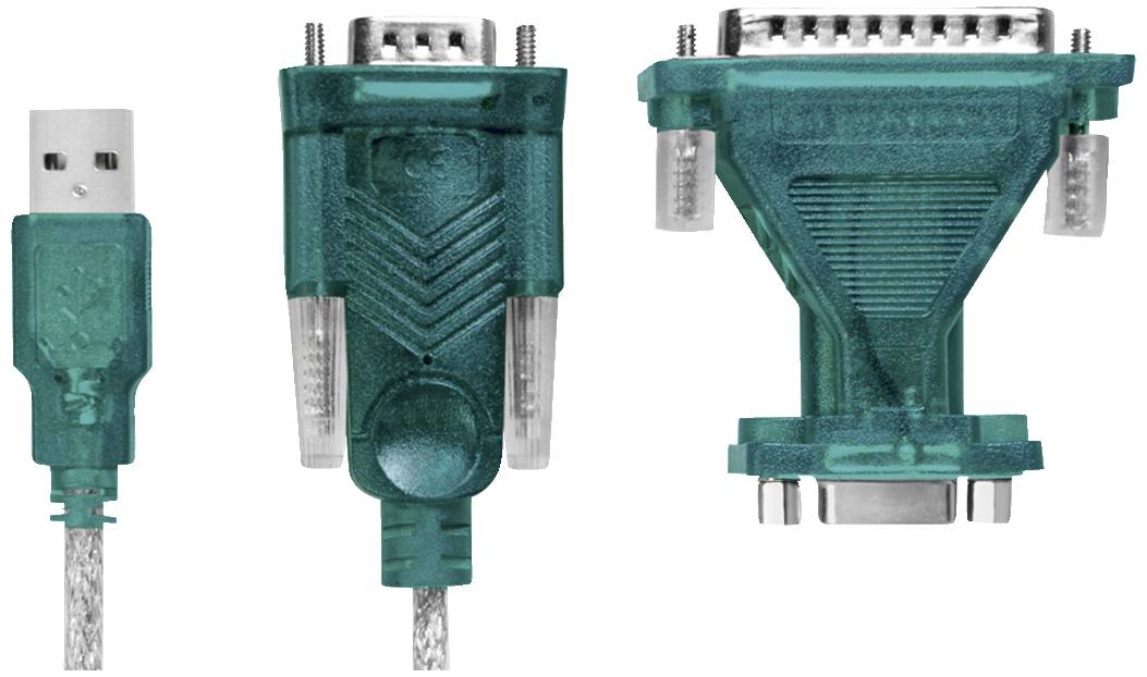 Drei grüne Adapterkabel: USB zu VGA und zwei VGA-Anschlüsse. Zeigen verschiedene Anschlüsse und Adapterformen.