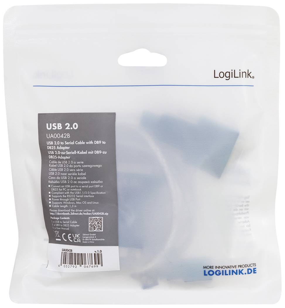 Eine Verpackung mit einem USB-2.0-Seriell-Kabel von LogiLink. Produktdetails sind auf einem Etikett aufgedruckt.