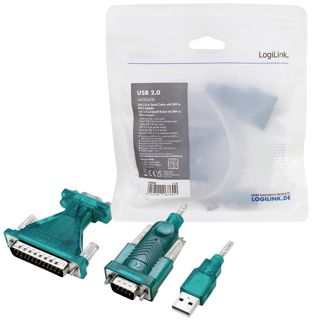 Drei grüne Adapter: USB 2.0, VGA zu USB und DB25. Verpackung im Hintergrund mit LogiLink-Logo und Produktinformationen.