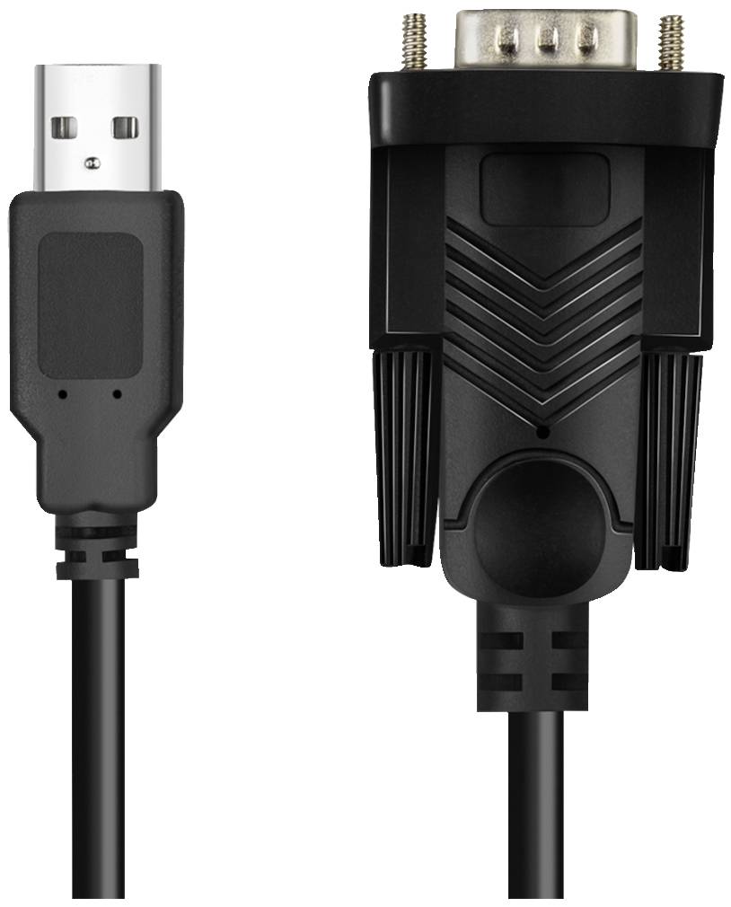 Schwarzes Kabel mit USB-Anschluss links und seriellen 9-Pin-Anschluss rechts. Dient zur Verbindung von Geräten mit unterschiedlichen Schnittstellen.