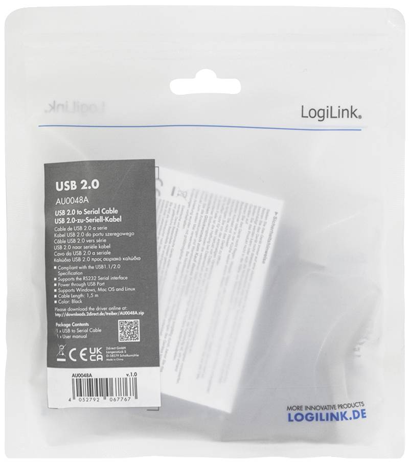 Eine Verpackung mit einem USB 2.0 auf Seriell-Kabel von LogiLink. Die Vorderseite zeigt das Produktetikett mit technischen Details und Kontaktinformationen.