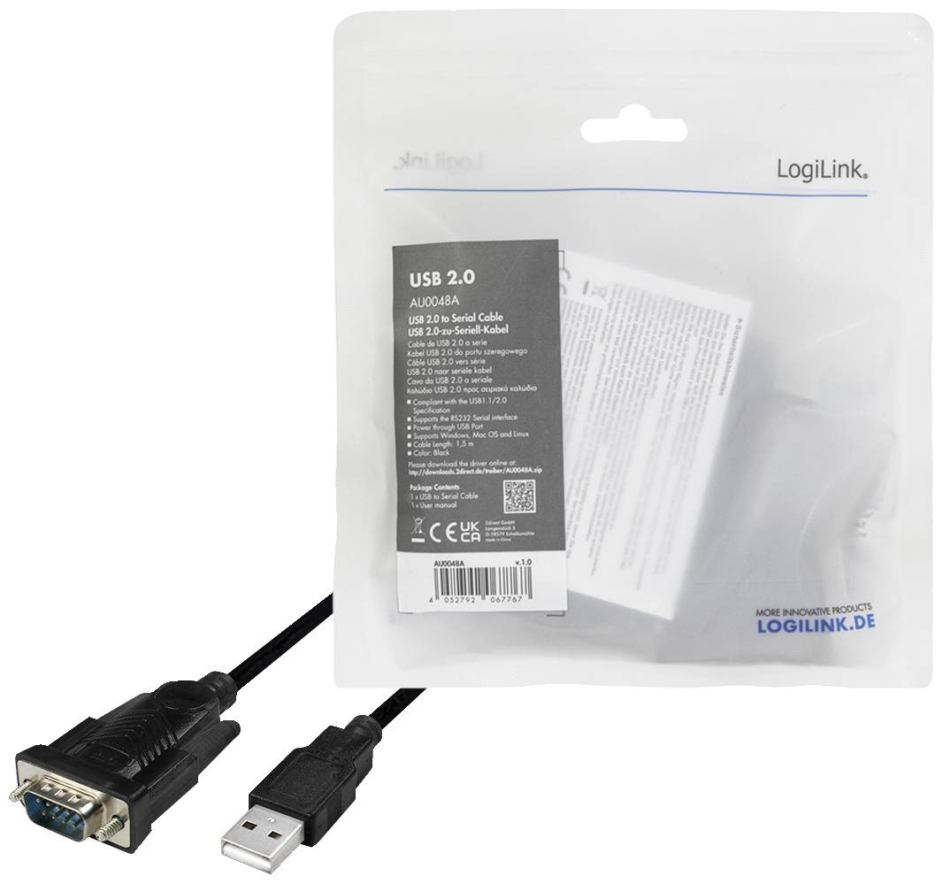 USB 2.0 auf serielles Kabel von LogiLink, Modell AU0006A, verpackt. Zeigt die Vorderseite der Packung und das Kabel mit USB- und seriellem Anschluss.