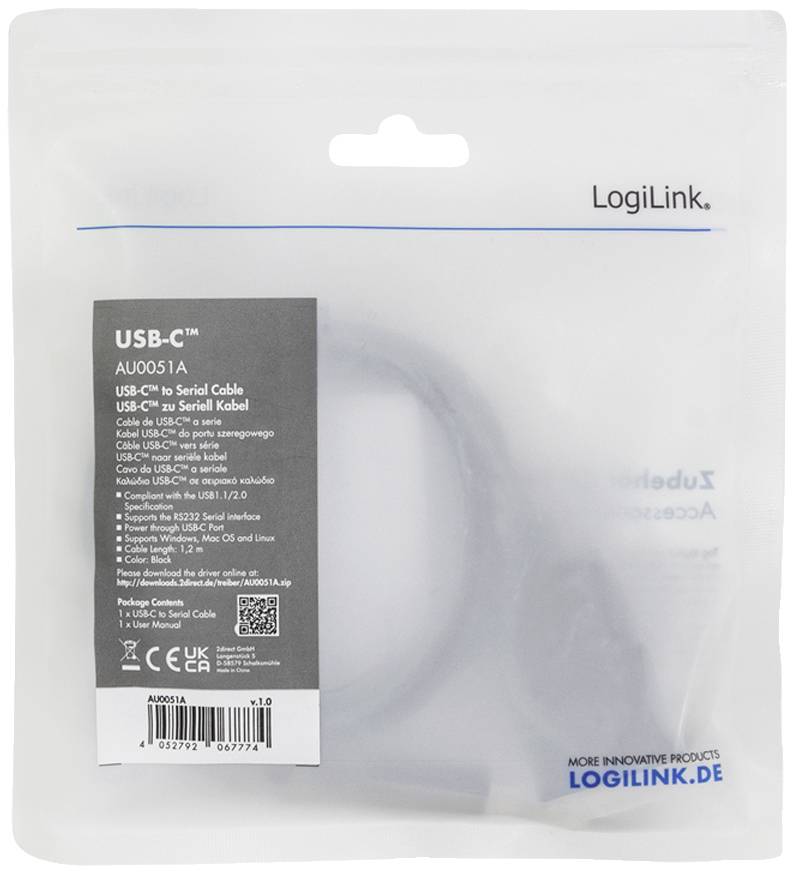 'LogiLink USB-C auf USB-C Serial Kabel' Verpackung in transparentem Beutel. Enthält Kabeldetails, Herstellername und Website.