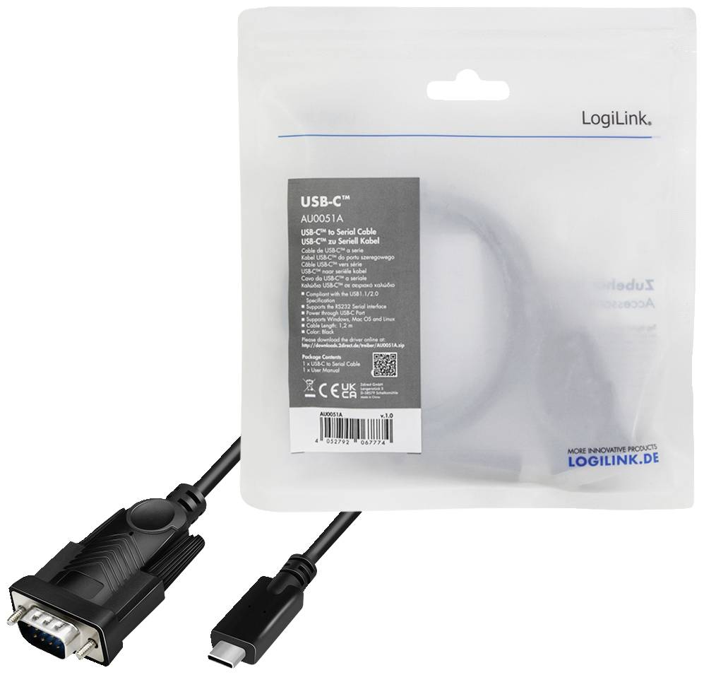 USB-C zu Seriell Adapter von LogiLink mit Verpackung. Enthält Adapterkabel für den Anschluss serieller Geräte an USB-C.
