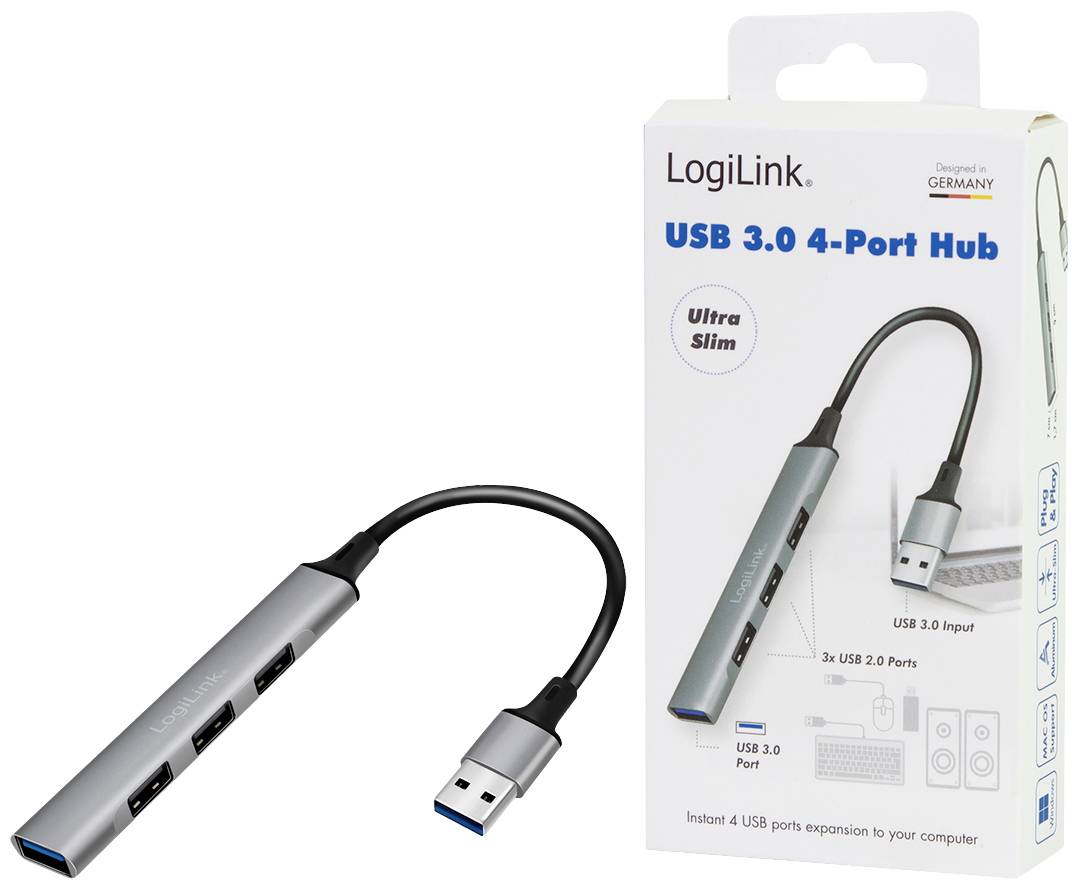 Ein grauer USB-Hub mit vier Anschlüssen liegt neben seiner Verpackung, die den gleichen Hub darstellt.