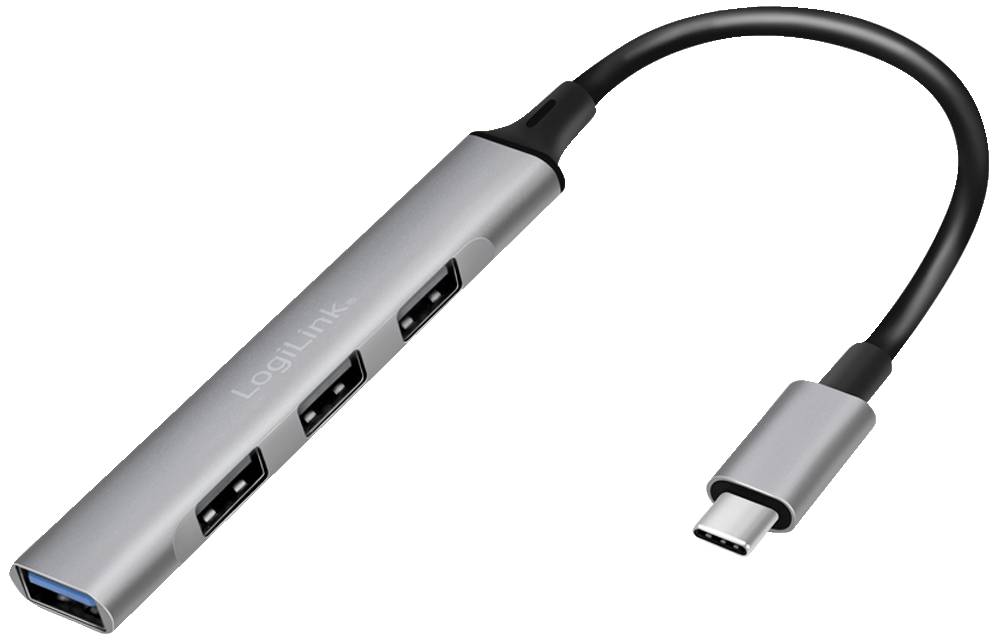 USB-C-Hub mit drei USB-A-Anschlüssen in einem schlanken Gehäuse. Eignet sich zum Erweitern der Anschlussmöglichkeiten von Laptops.