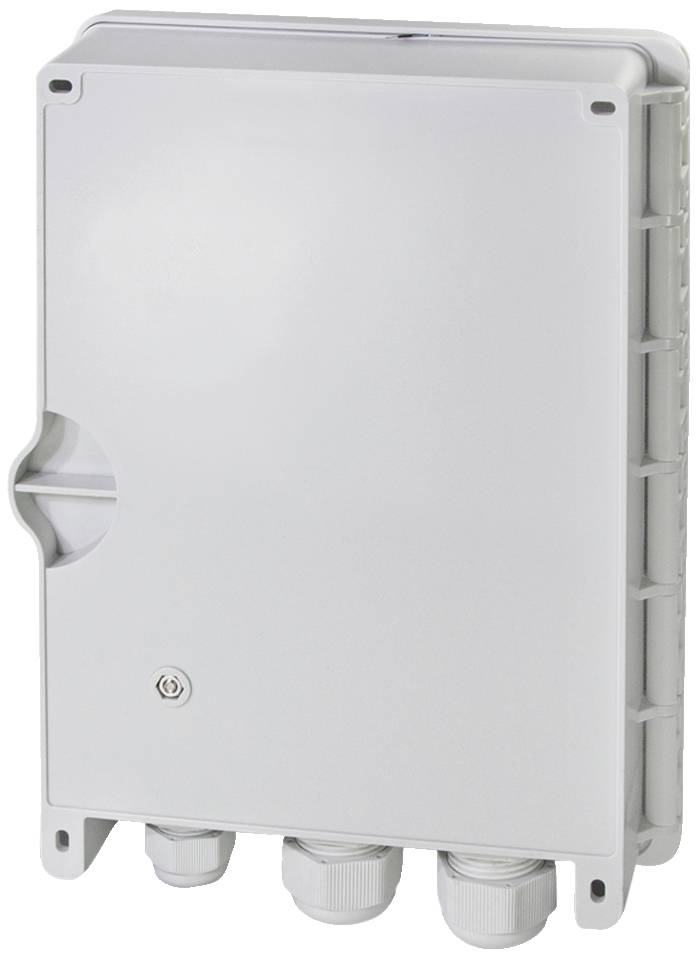 Grau-weißer, rechteckiger Kunststoffkasten mit abgerundeten Ecken, drei Kabelverschraubungen am unteren Rand, geeignet für elektrische Installationen.