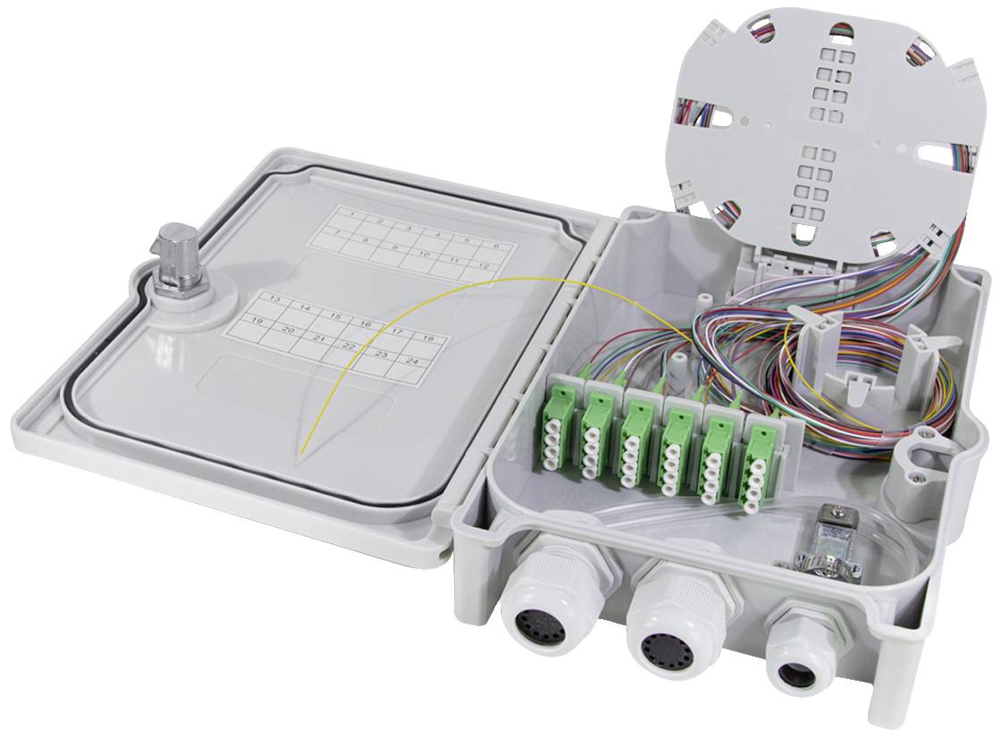 Grauer Verteilerkasten mit geöffnetem Deckel, zeigt farbige Kabel und grüne Anschlussklemmen im Inneren. Links befindet sich ein zusätzliches Fach.